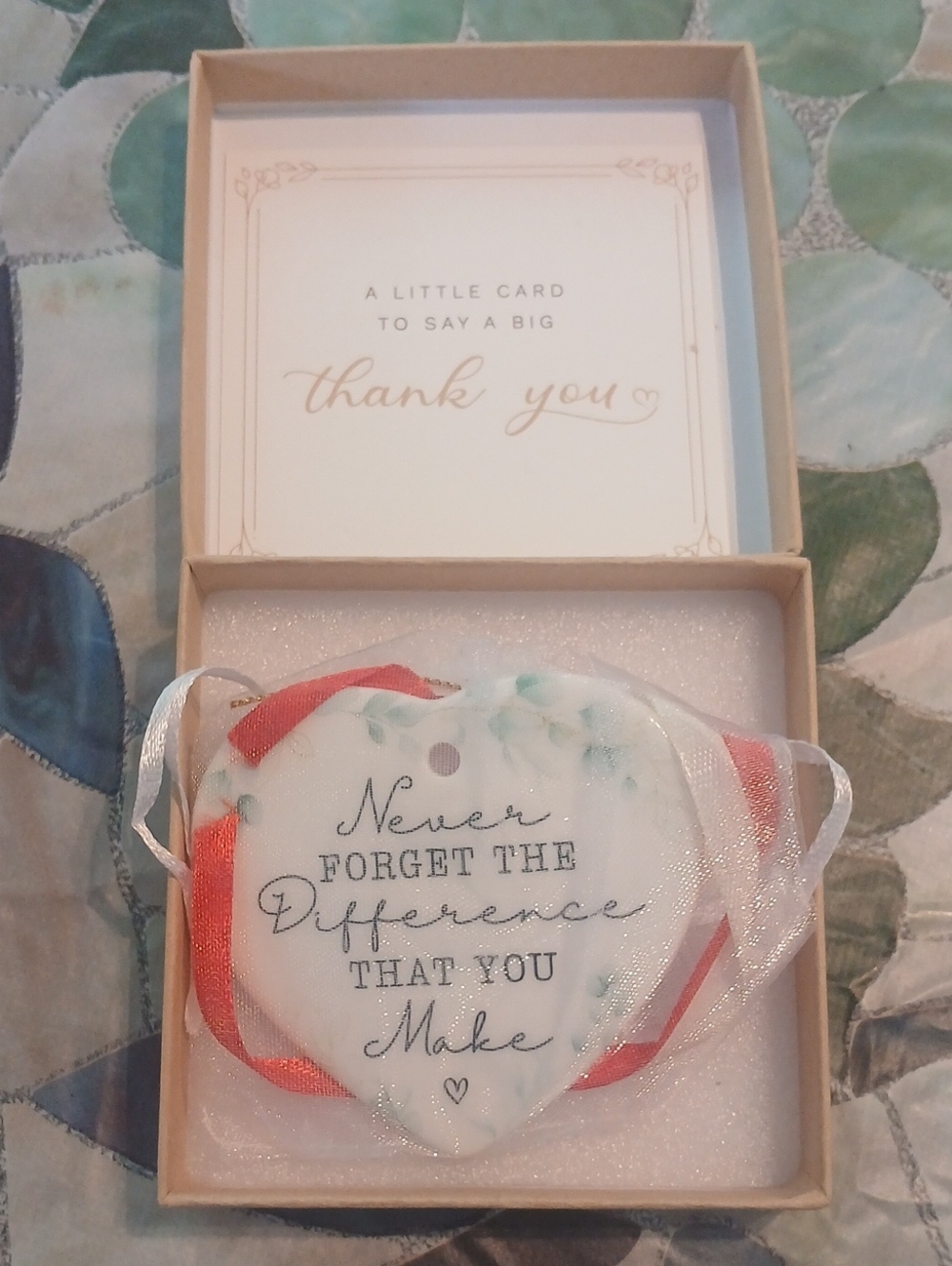 Amazon White Heart Ornament with Red and Sheer Ribbon - Inspirational Message